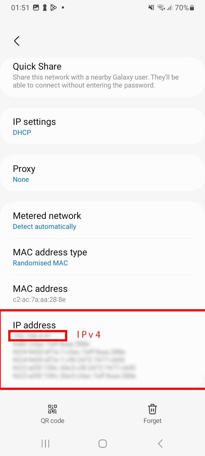 Configurações mais detalhadas para a rede Wi-Fi ‘RezeghiaHome’ em um telefone Samsung, mostrando configurações de IP, endereço MAC e outras opções, incluindo o endereço IP do dispositivo.