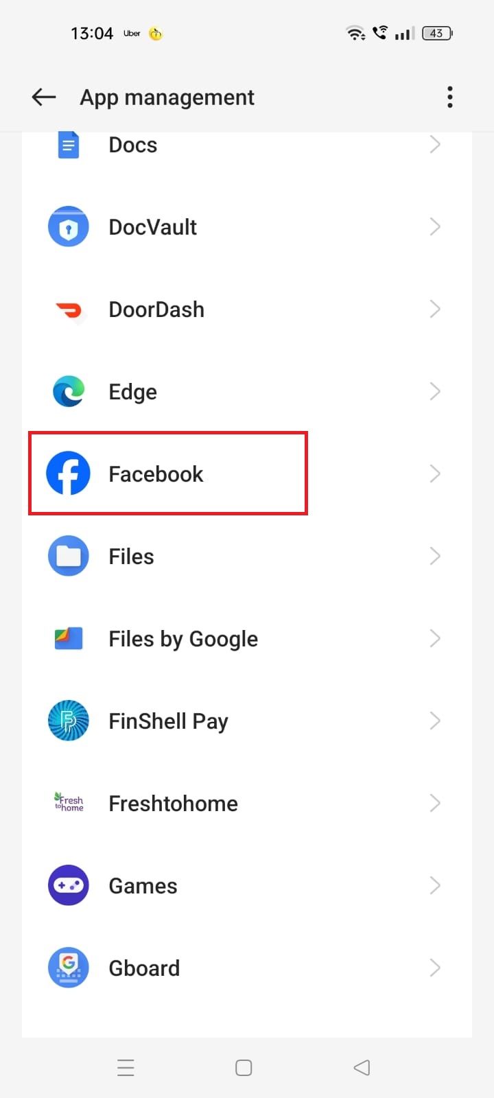Captura de tela destacando o aplicativo do Facebook em Configurações