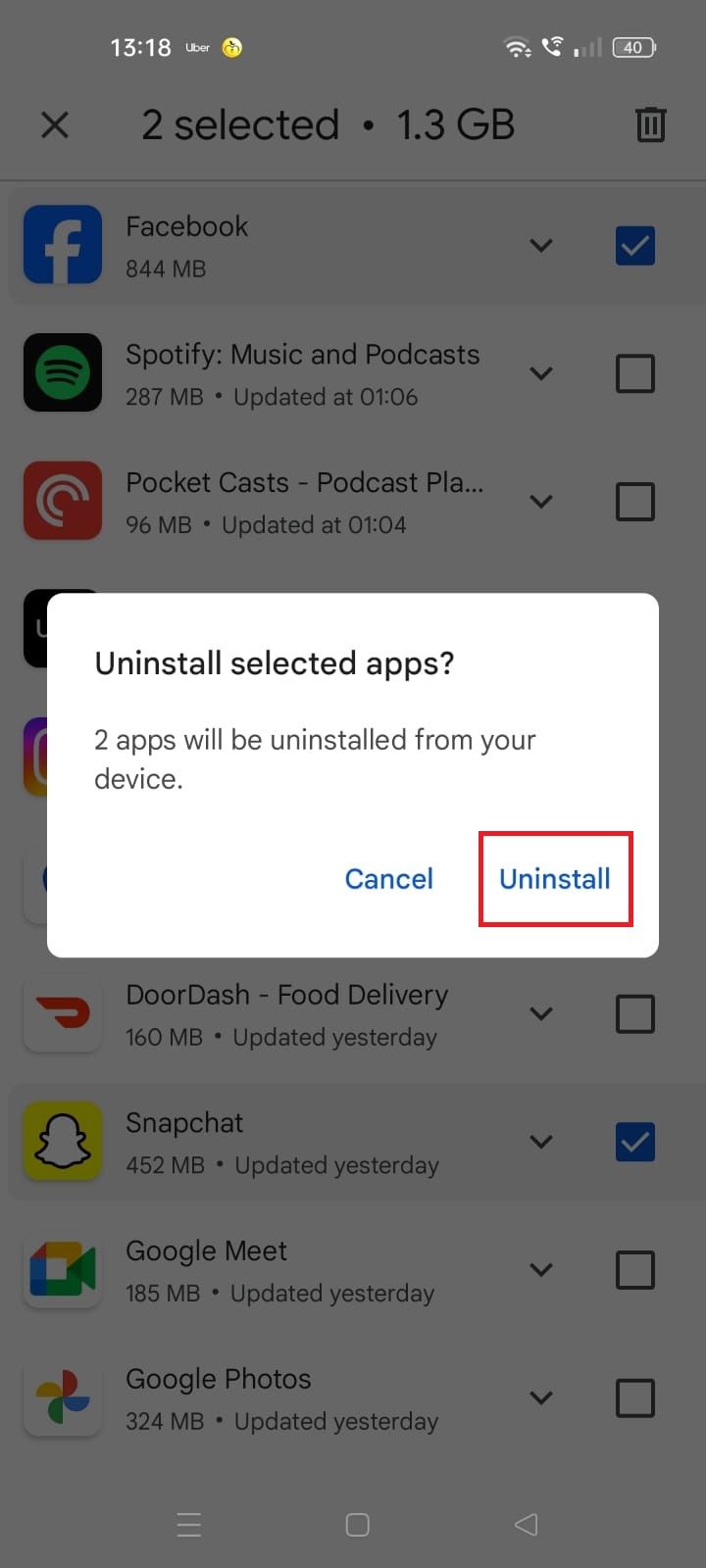 Captura de tela destacando a opção Desinstalar na Google Play Store