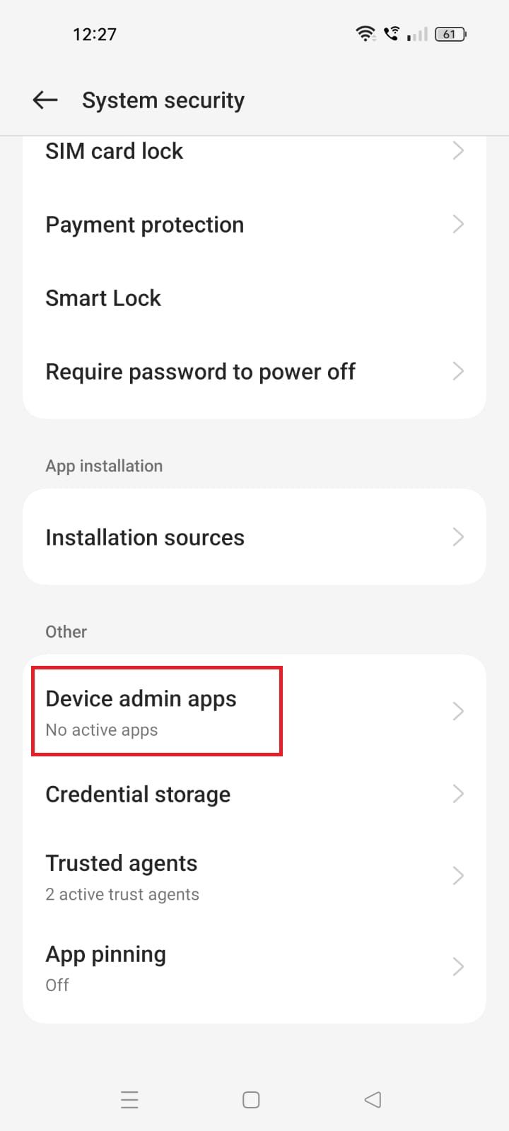 Captura de tela destacando aplicativos de administração de dispositivos em Segurança do sistema