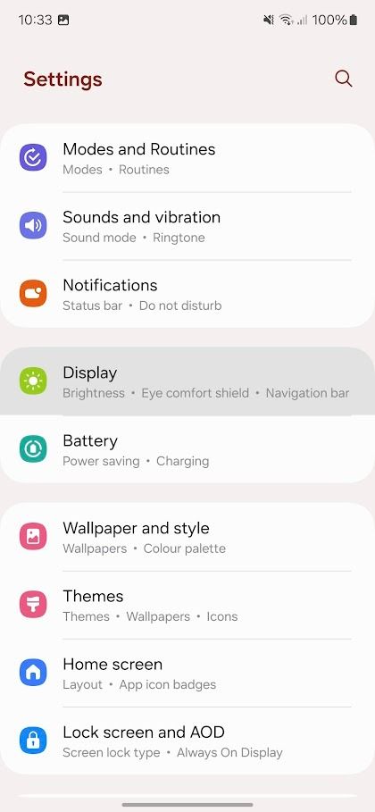 aplicativo de configurações do Samsung Galaxy com tela destacada