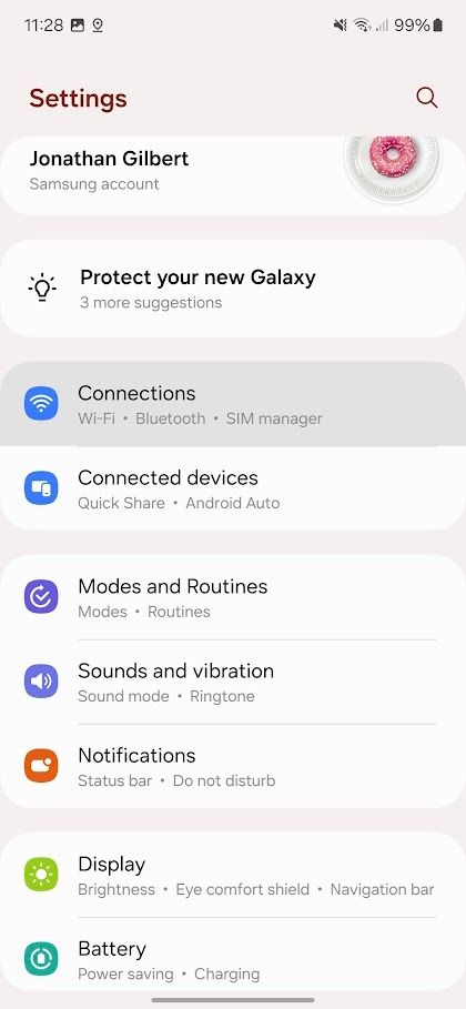 página de configurações do Samsung Galaxy com conexões destacadas