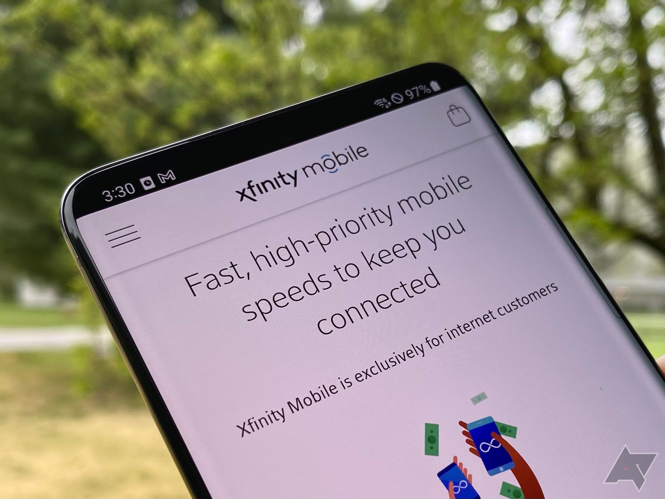 Página da web do Xfinity Mobile em um telefone com leitura de cópia: 