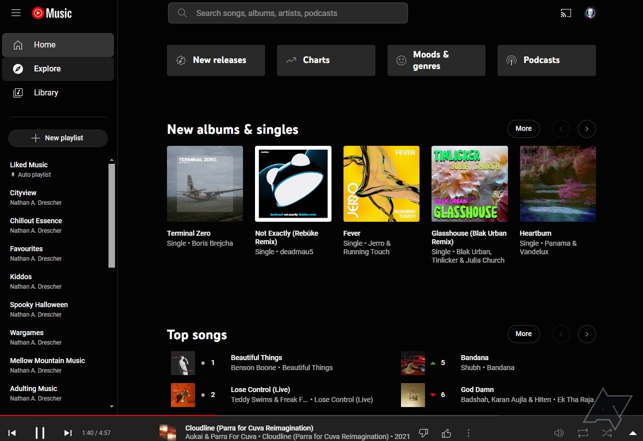 Uma captura de tela da página de exploração do YouTube Music.