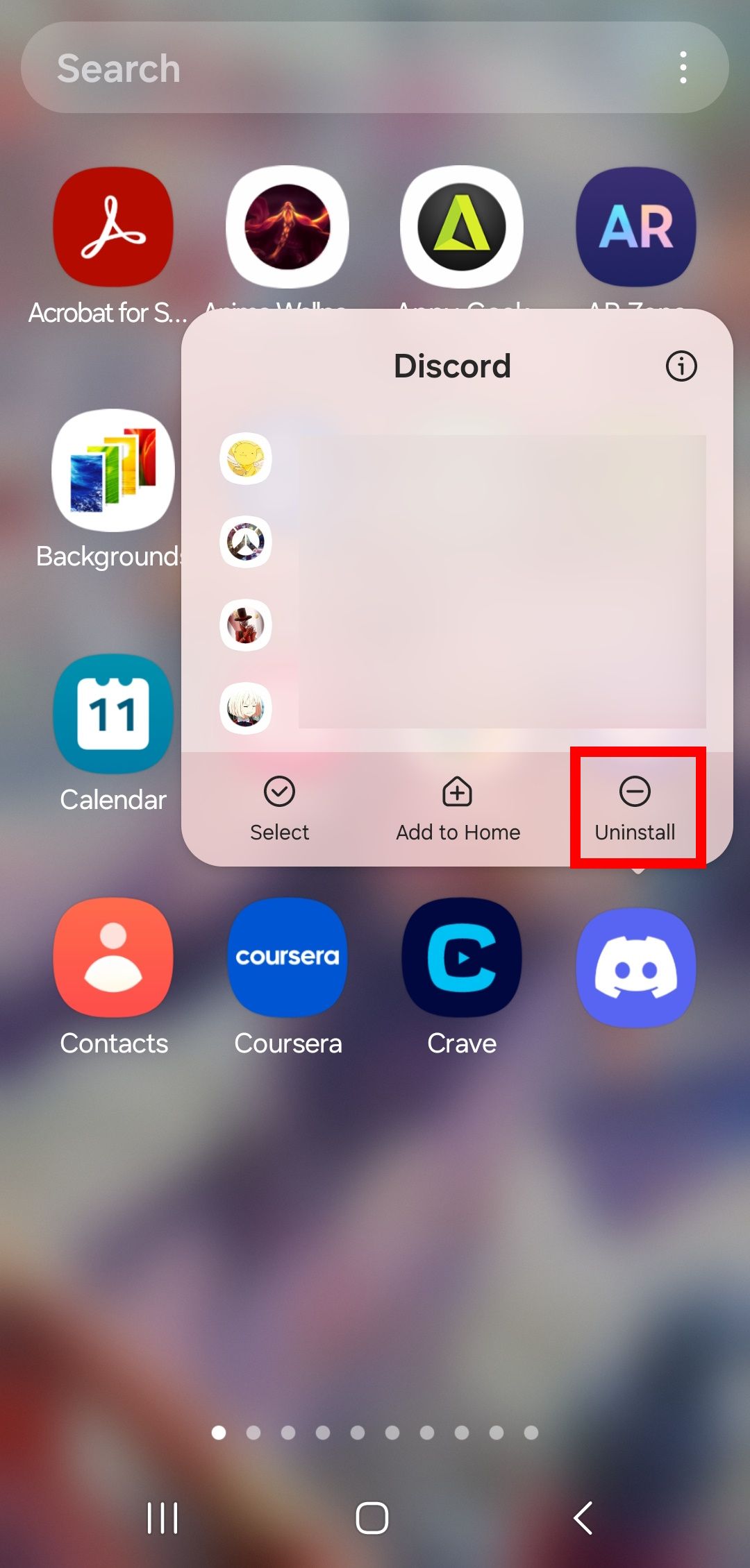 contorno do quadrado vermelho sobre o botão de desinstalação acima do ícone do aplicativo discord