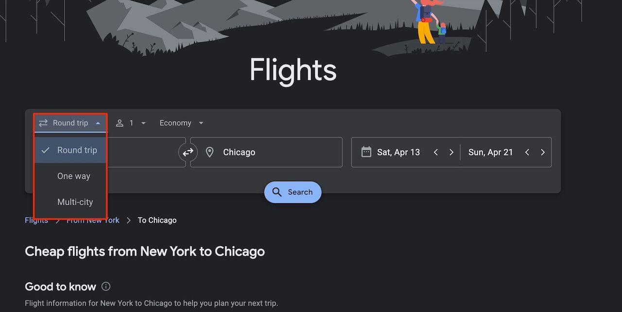 Opção de viagem para várias cidades no site do Google Flights
