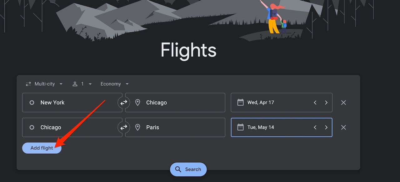 Adicionando várias pesquisas de voos no site do Google Flights