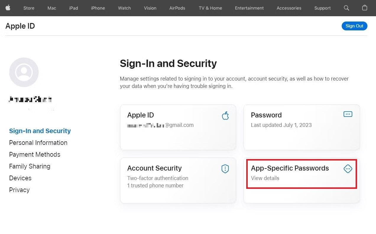 Captura de tela destacando senhas específicas do aplicativo no site do ID Apple
