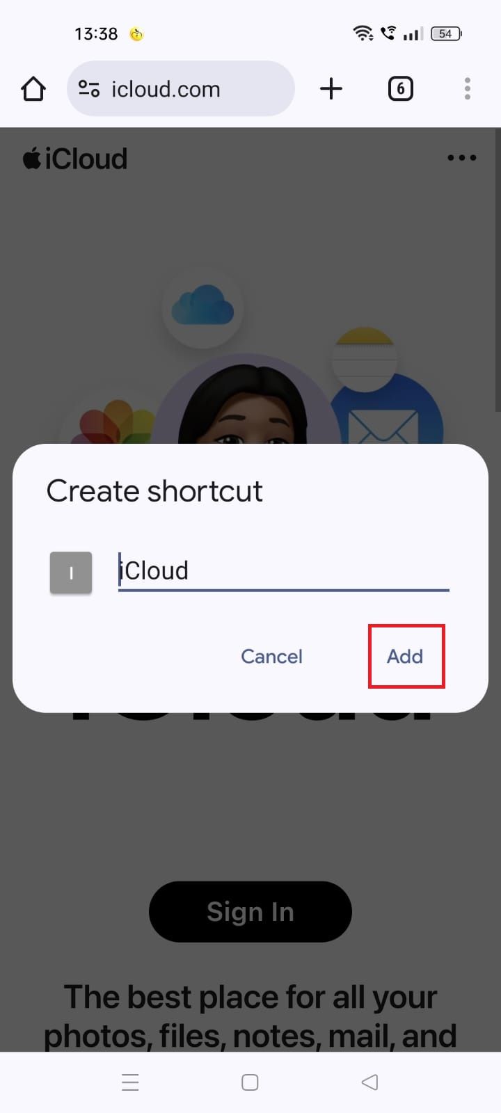 Captura de tela destacando a opção Adicionar na janela pop-up Criar atalho