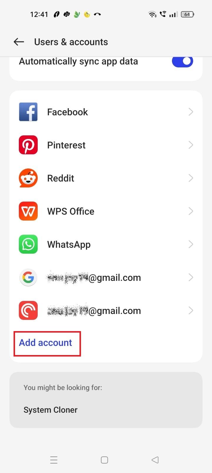 Captura de tela destacando Adicionar conta no aplicativo Gmail
