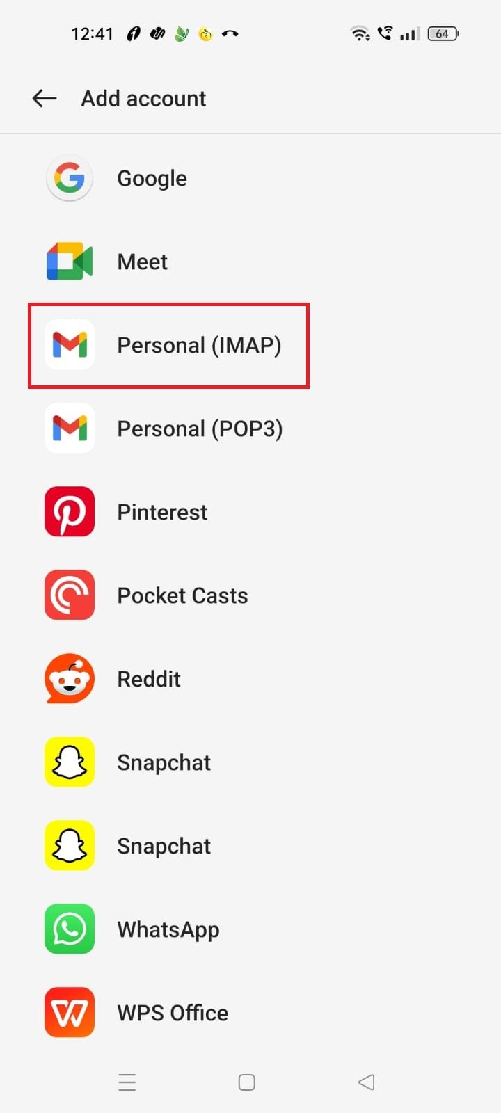 Captura de tela destacando Pessoal (IMAP) no Gmail