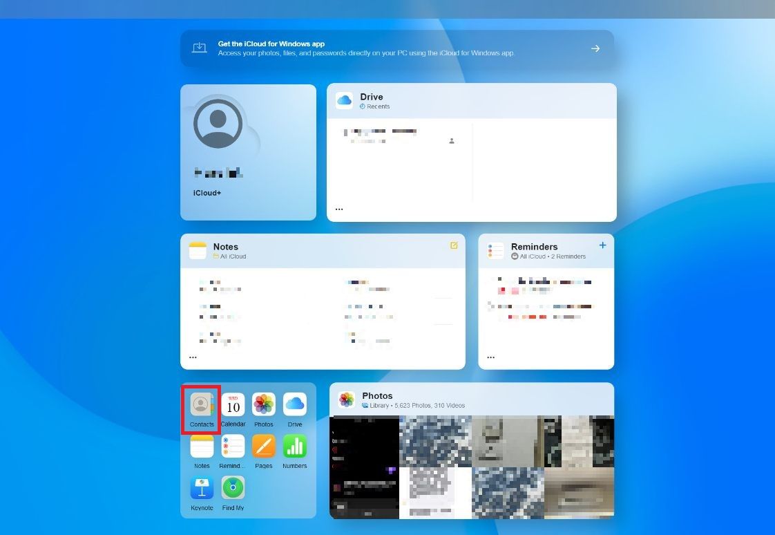 Captura de tela destacando Contatos no iCloud