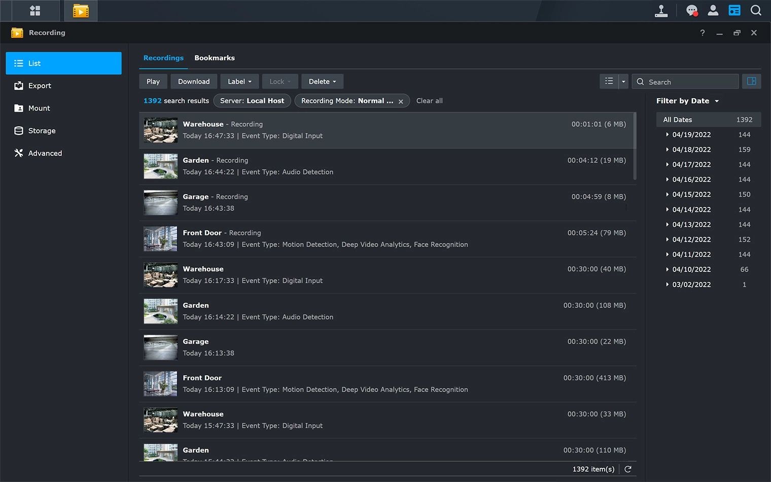 Captura de tela do software Synology Surveillance Station mostrando as gravações