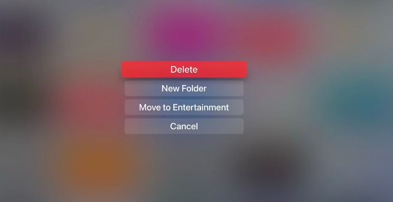 Captura de tela mostrando a opção Excluir na Apple TV