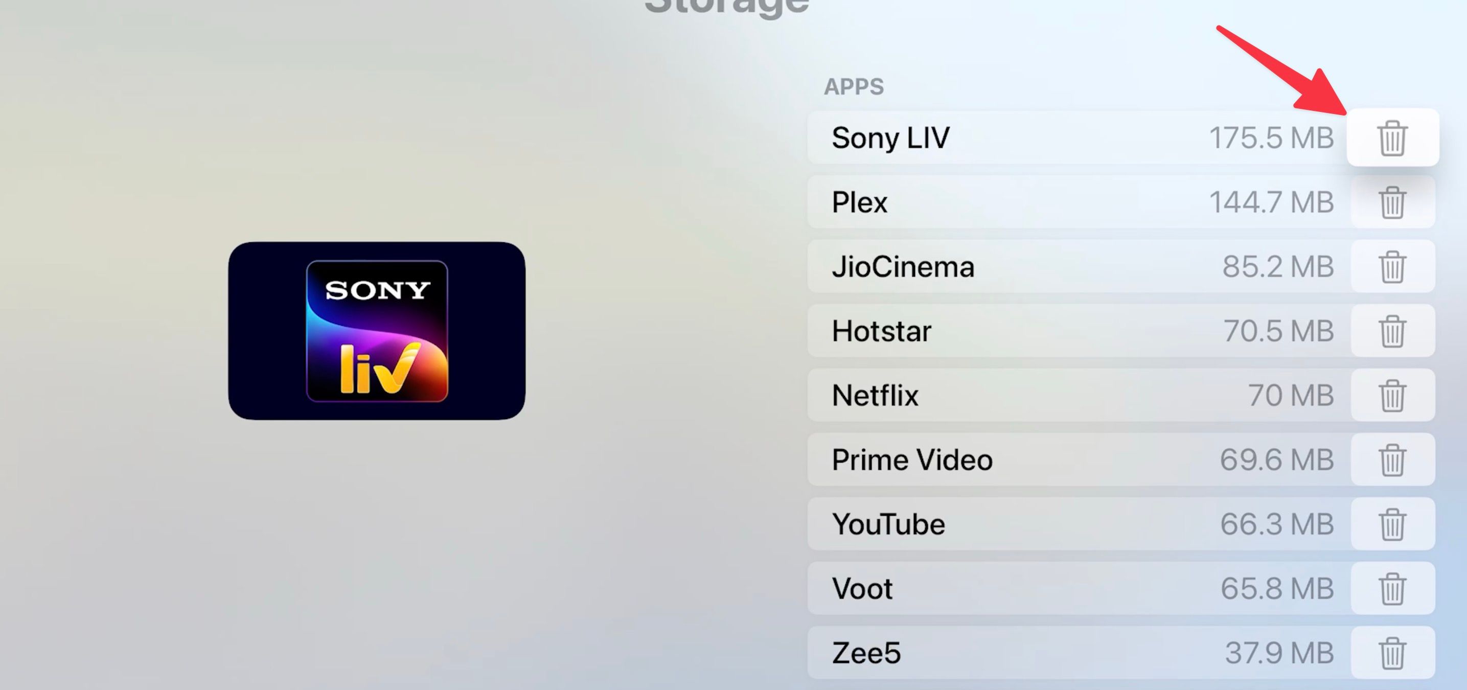 Imagem mostrando o ícone da lixeira ao lado de um app na Apple TV