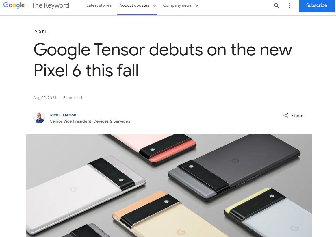 Uma captura de tela da postagem do blog do Google de agosto de 2021 revelando o Pixel 6 e o ​​chip Tensor.