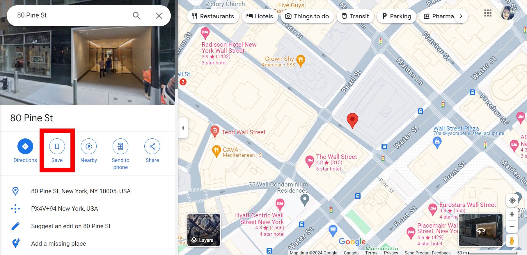 contorno de retângulo vermelho sobre o botão Salvar no menu esquerdo do Google Maps