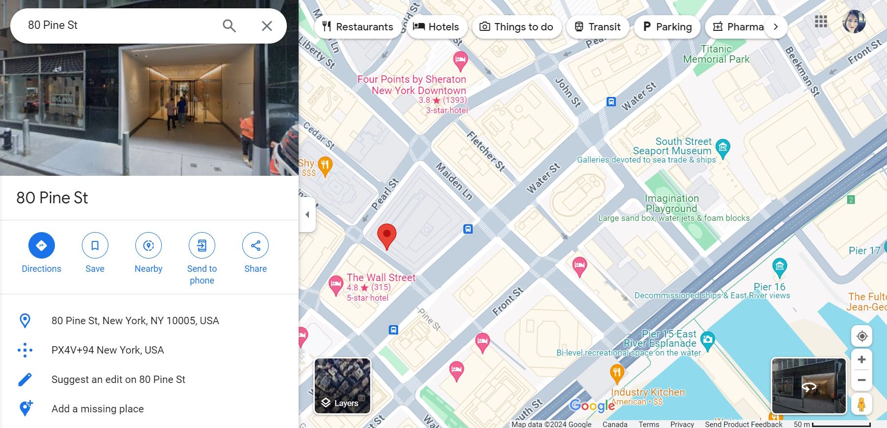 Um local não marcado no Google Maps na web que foi selecionado