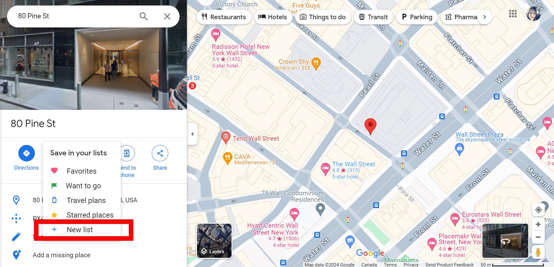 contorno de retângulo vermelho sobre a nova opção de lista no Google Maps Web em salvar em suas listas