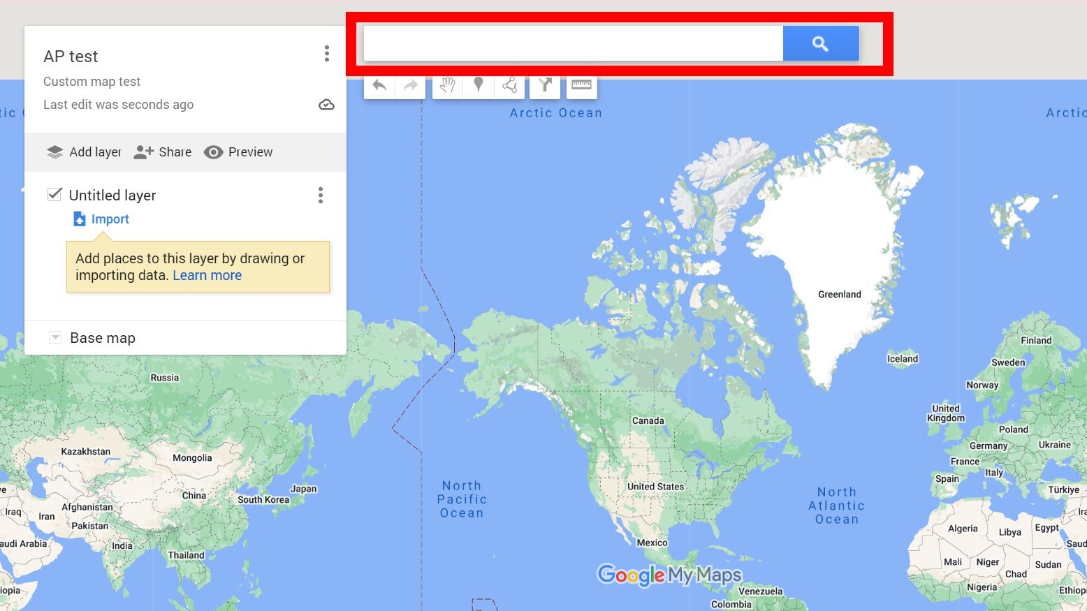 contorno de retângulo vermelho sobre a barra de pesquisa do Google My Maps