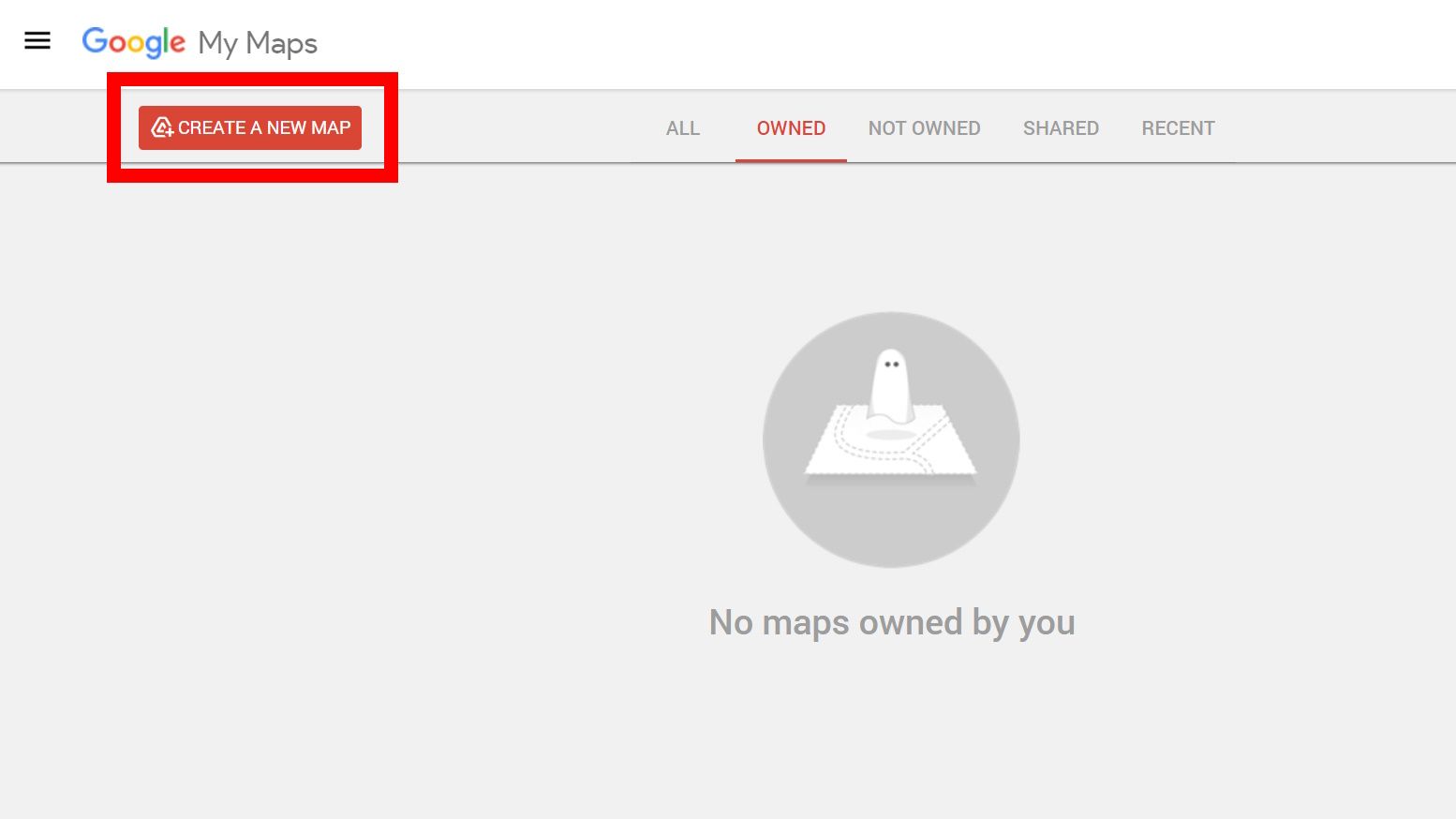 contorno de retângulo vermelho sobre o botão Criar um novo mapa no Google Meus Mapas