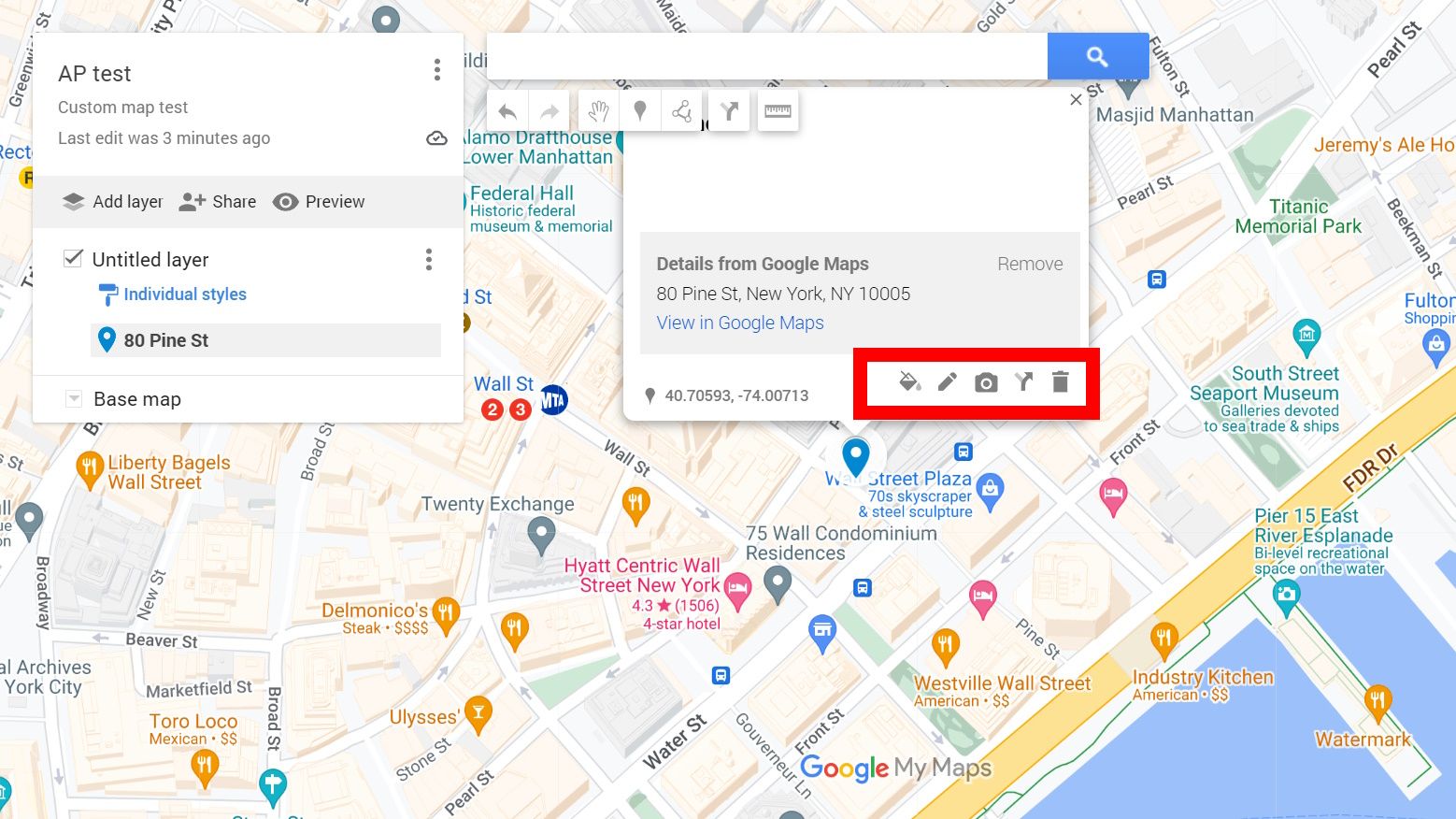 contorno de retângulo vermelho sobre as opções de edição de pinos do Google Meus Mapas