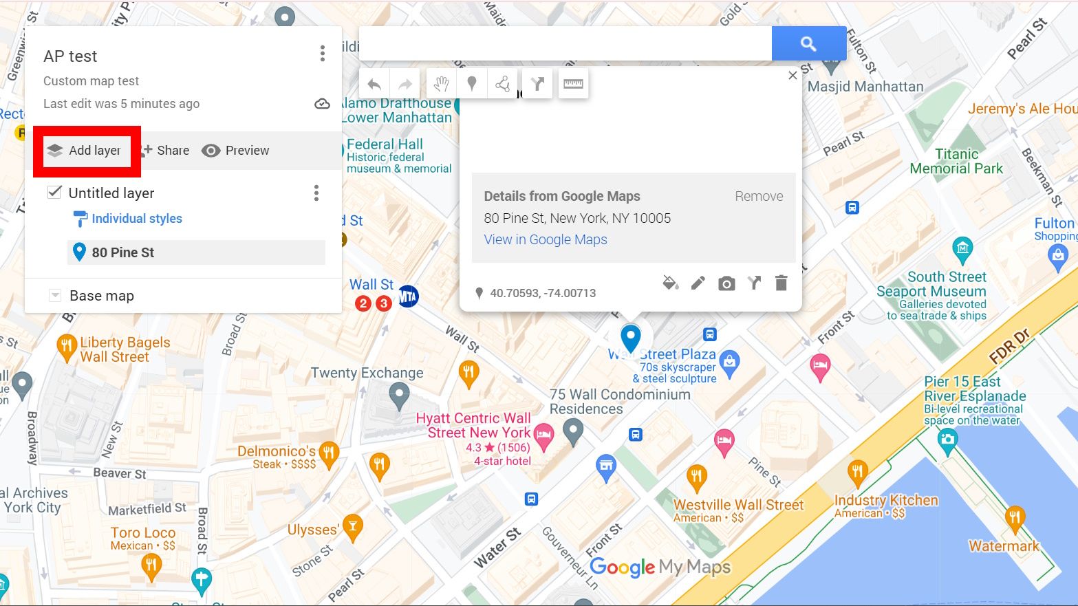 contorno de retângulo vermelho sobre a opção adicionar camada no Google My Maps