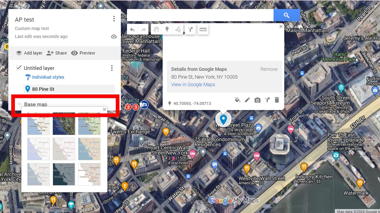 contorno de retângulo vermelho sobre o mapa base suspenso no Google Meus Mapas