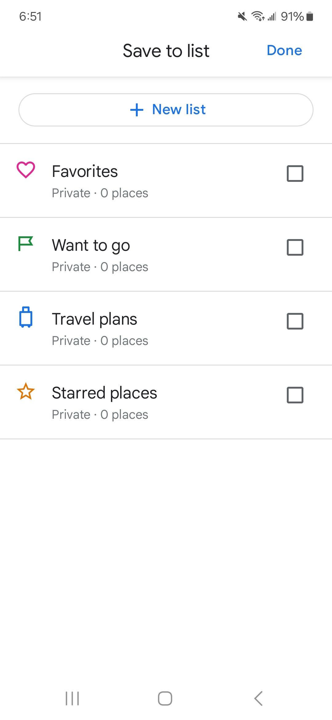 lista de opções de salvar na lista no aplicativo Google Maps
