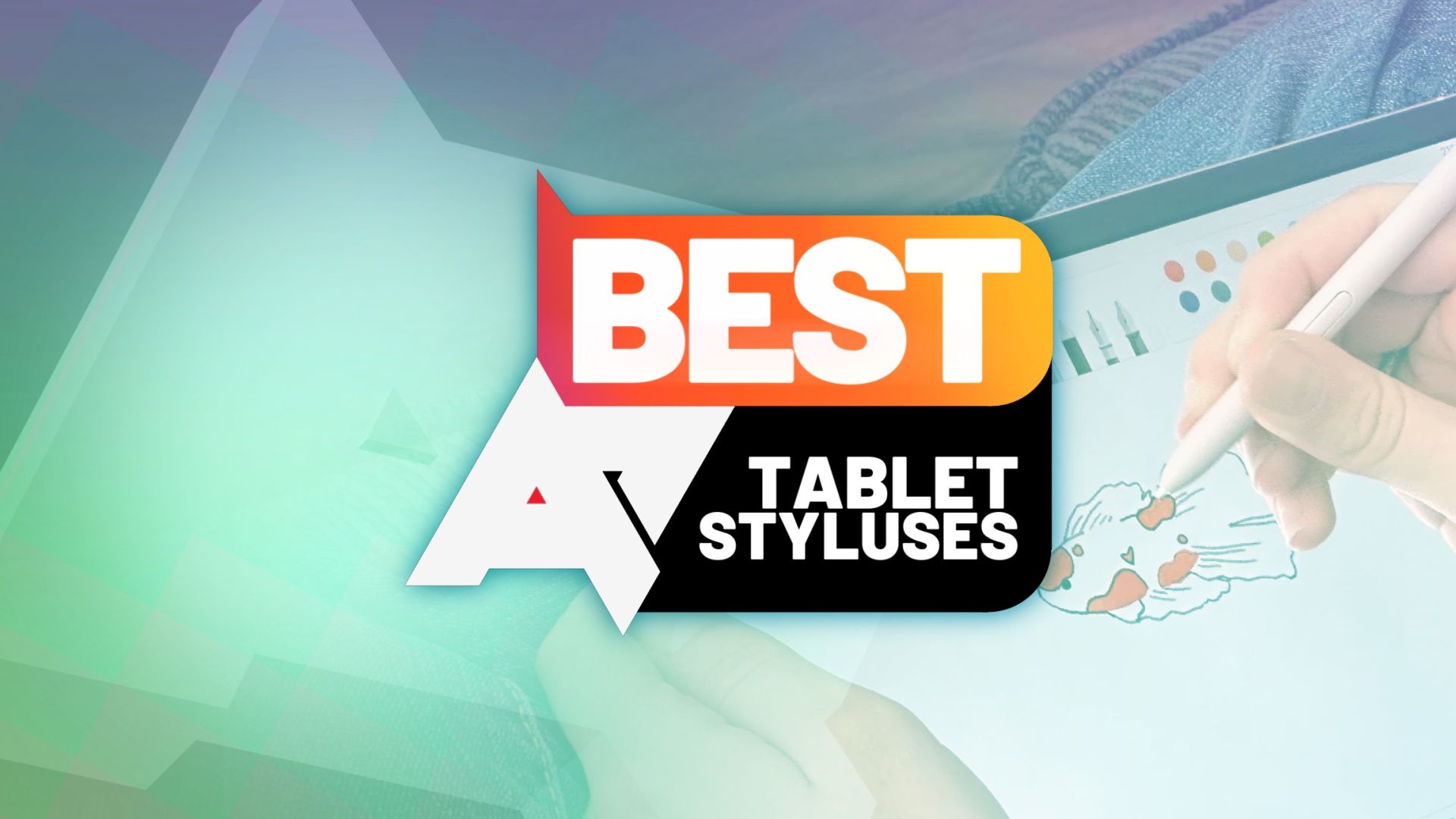 Uma foto colorida de alguém desenhando em um tablet com uma caneta, com o logotipo 'AP Best Tablet Styluses' na frente