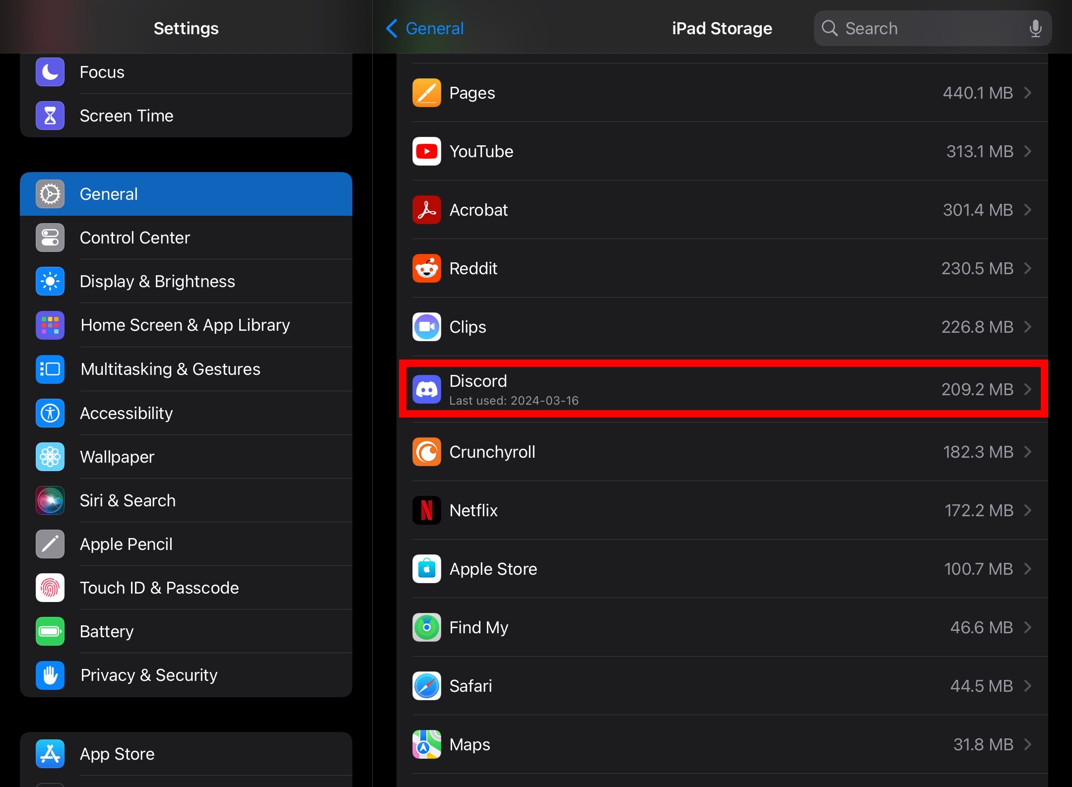 contorno de retângulo vermelho sobre Discord no armazenamento do iPad