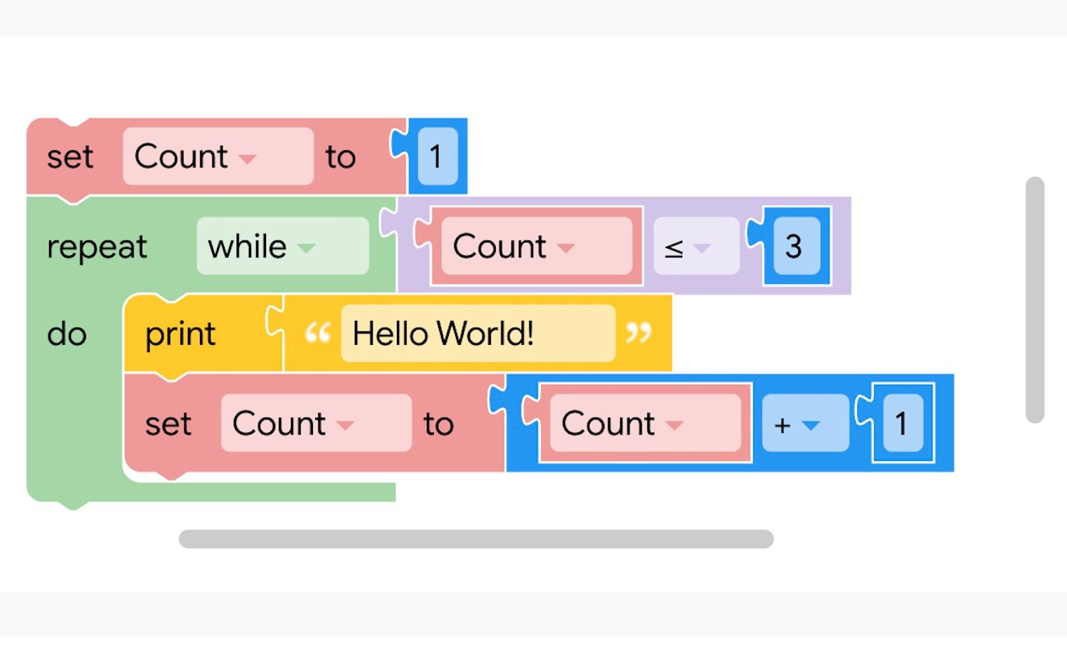 Uma captura de tela do Blockly mostrando blocos multicoloridos.