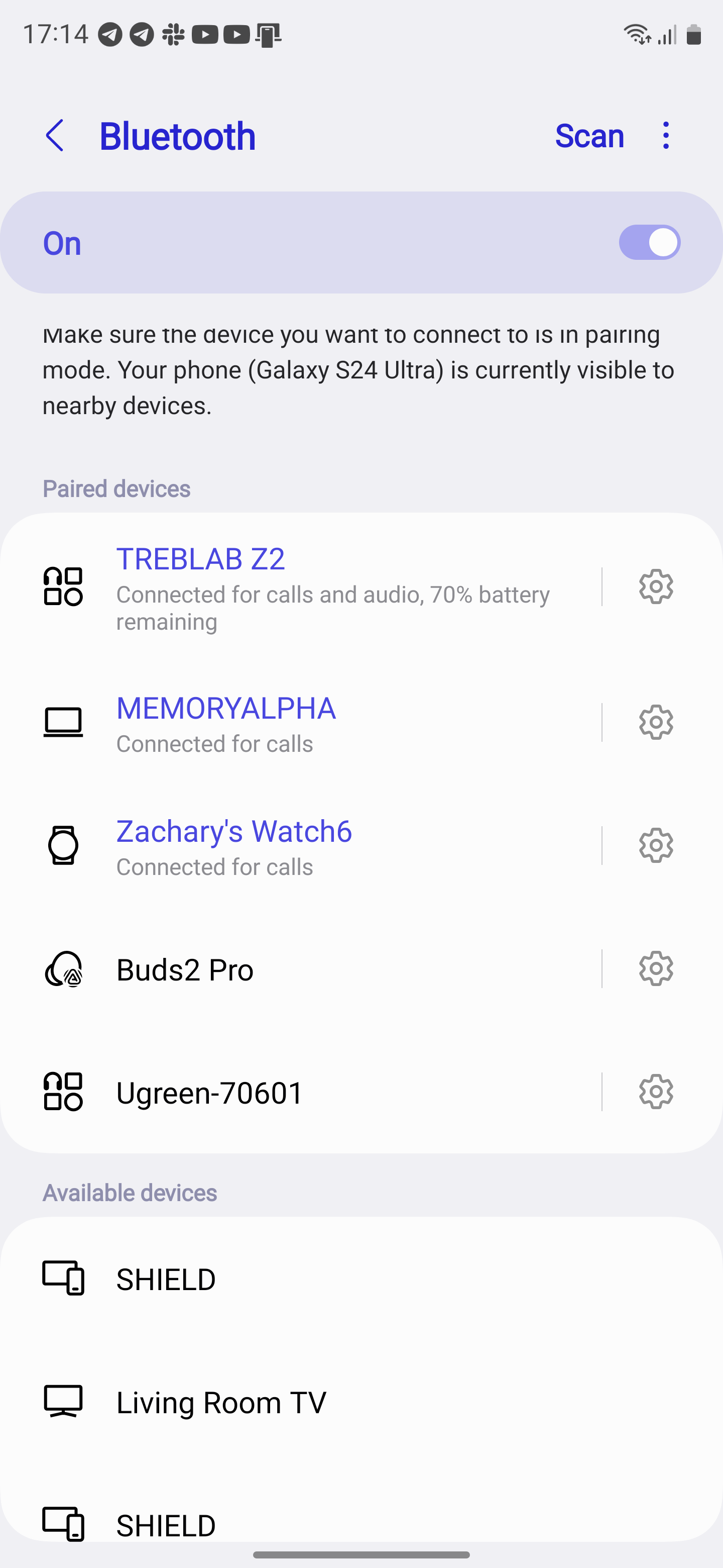Uma captura de tela das configurações de Bluetooth do Treblabs Z2 em um Galaxy S24 Ultra