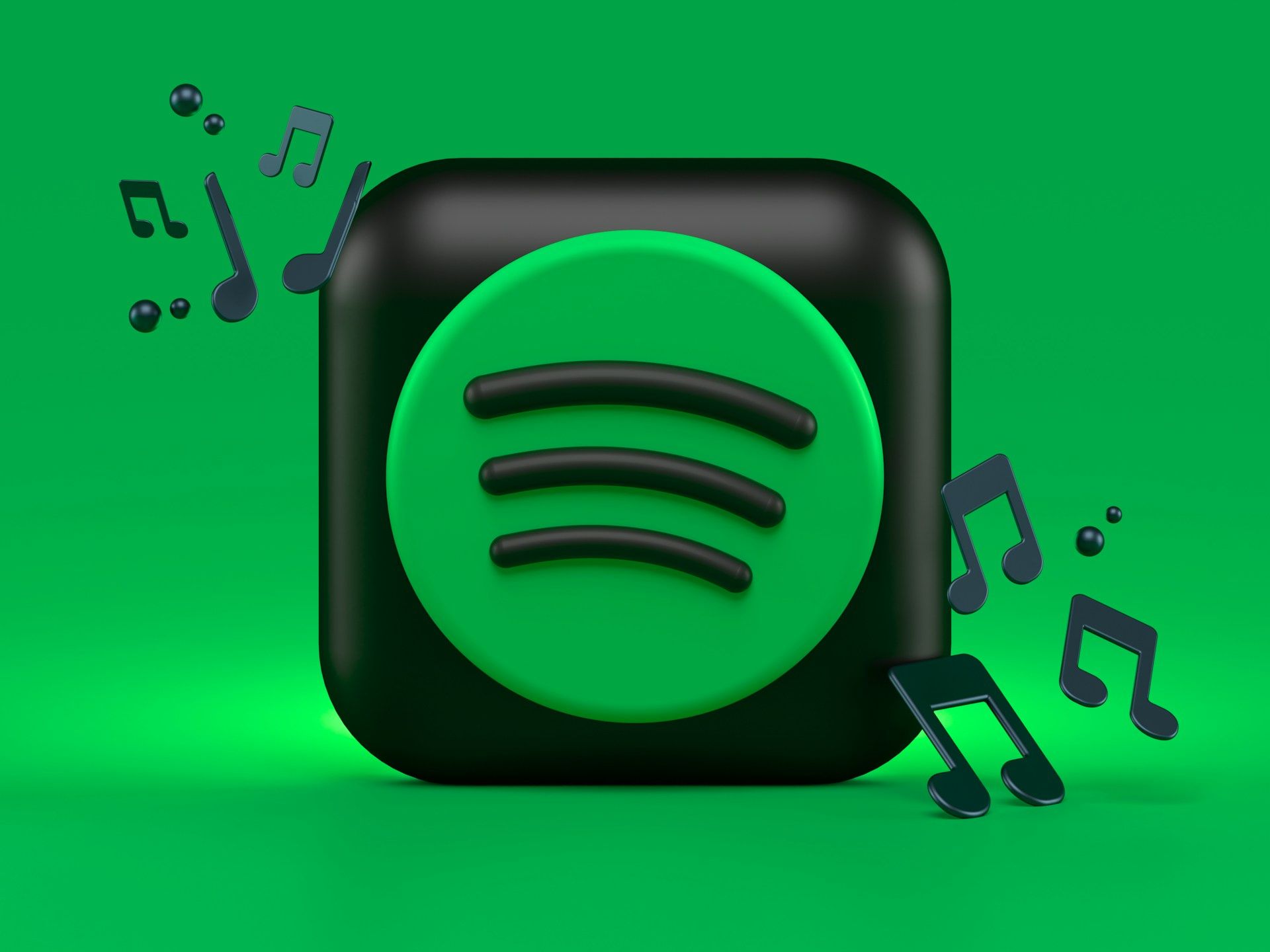 Uma ilustração do logotipo verde do Spotify com notas musicais ao seu redor
