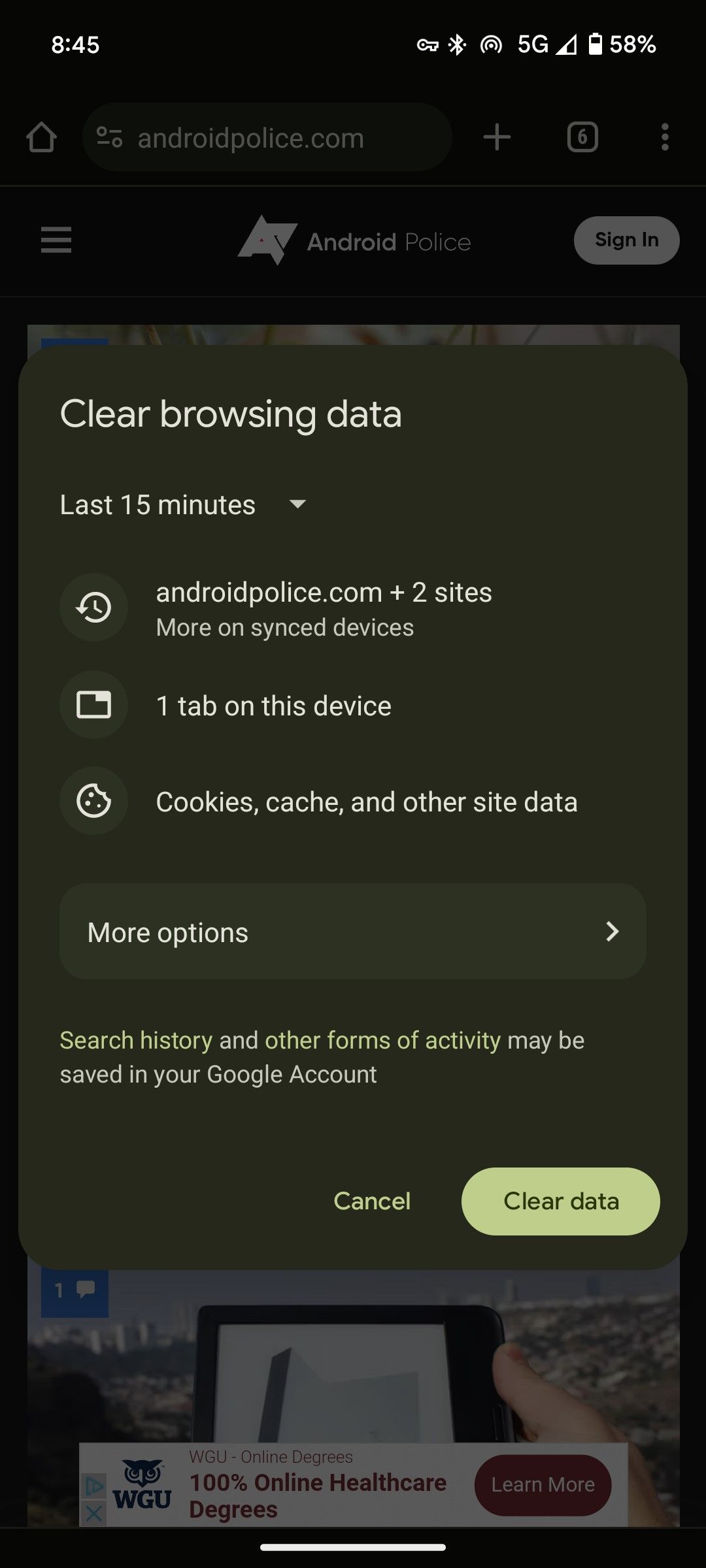 O menu Limpar dados de navegação no aplicativo do navegador Chrome no Android