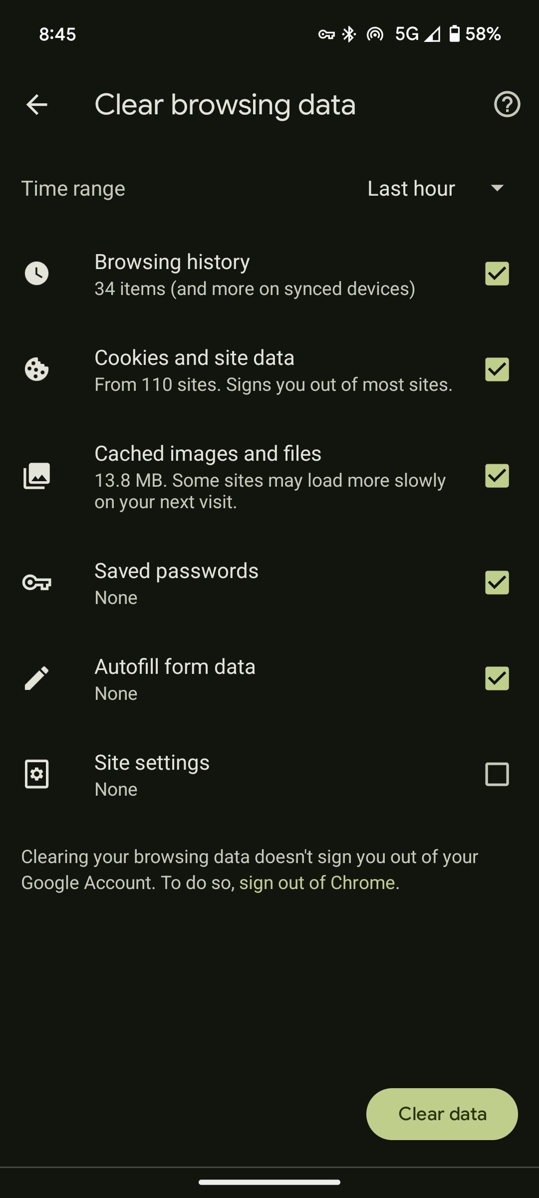 O menu Limpar dados de navegação e mais opções no aplicativo Android do navegador Chrome