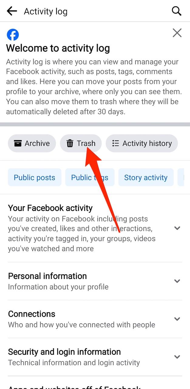 Menu de registro de atividades no aplicativo do Facebook
