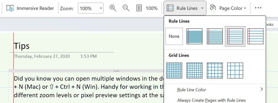 Alterar linhas de regras do OneNote