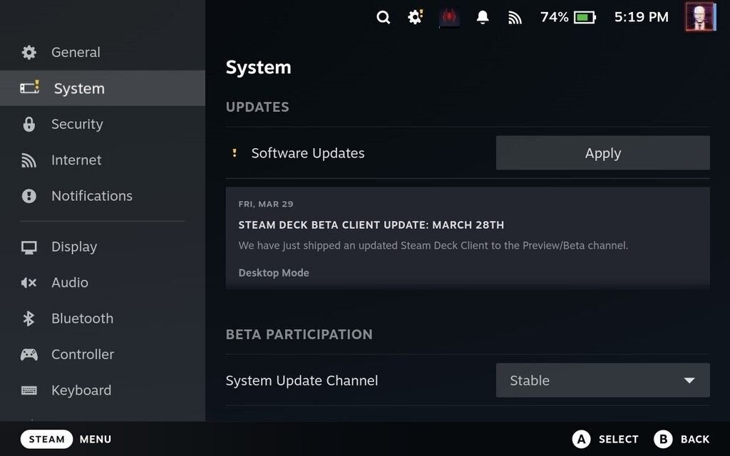 atualizações de software da página do sistema Steam Deck
