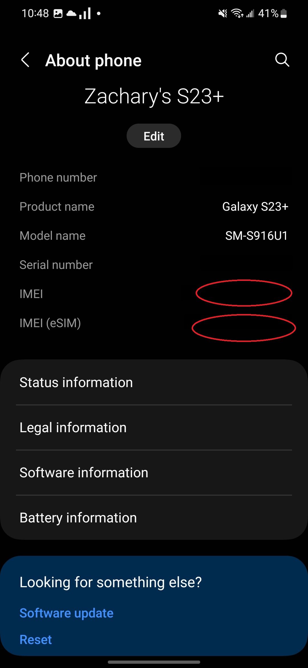 A seção Sobre o telefone do aplicativo Samsung Settings com círculos vermelhos onde os números IMEI do telefone aparecerão