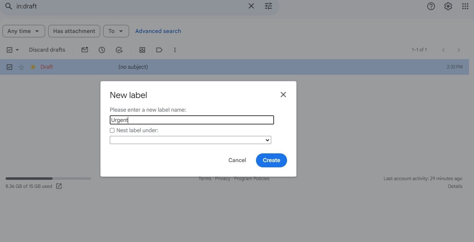 Uma captura de tela do Gmail mostrando como criar um novo marcador