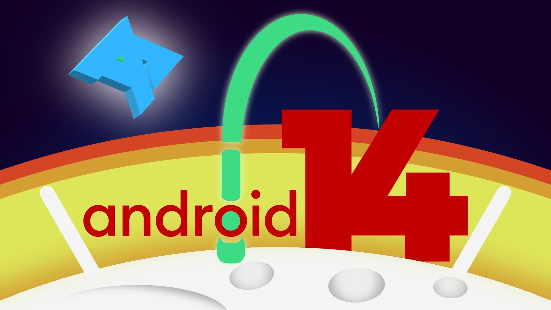 Um logotipo vermelho do Android 14 para as visualizações do desenvolvedor com um fundo amarelo e azul escuro.
