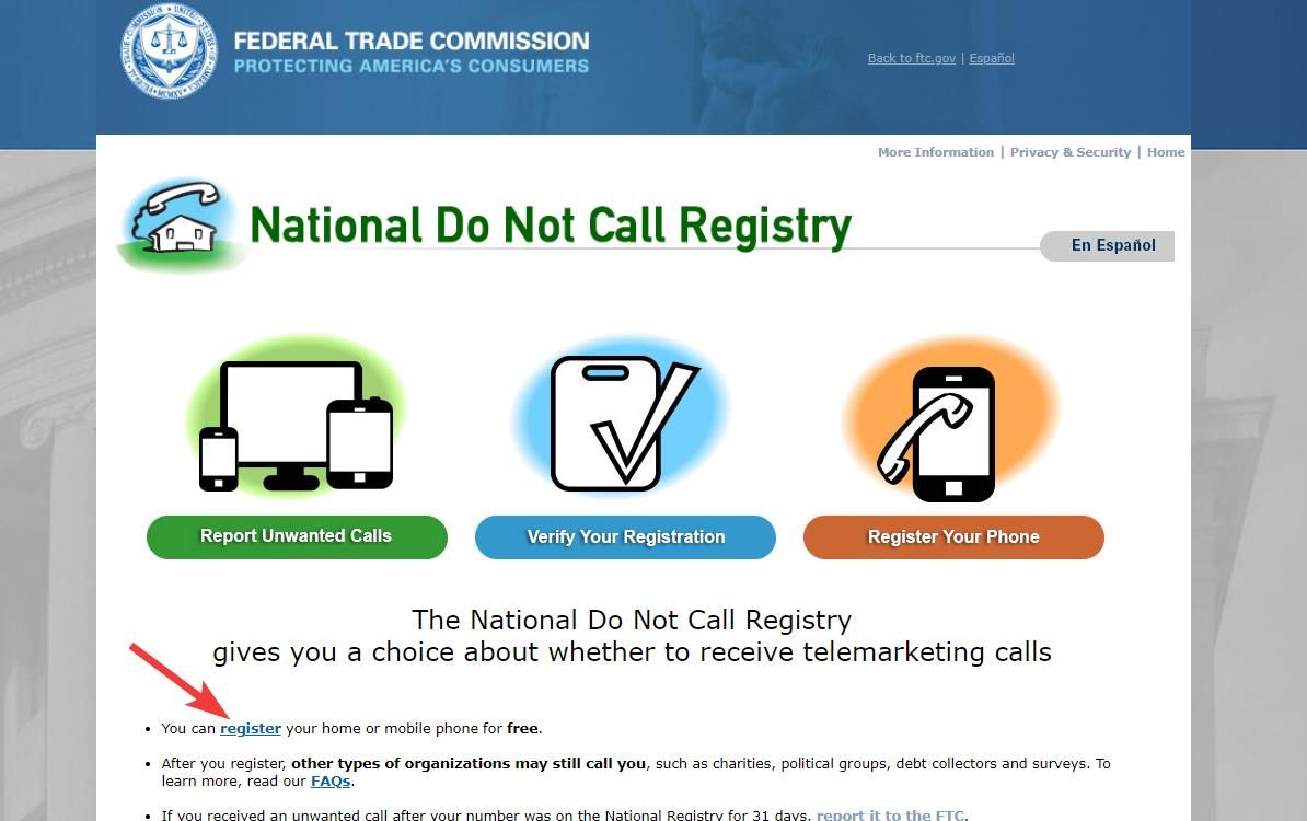 Página inicial do National Do Not Call Registry