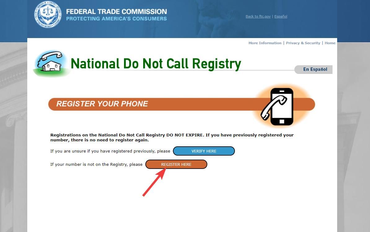 Página de registro telefônico do National Do Not Call Registry