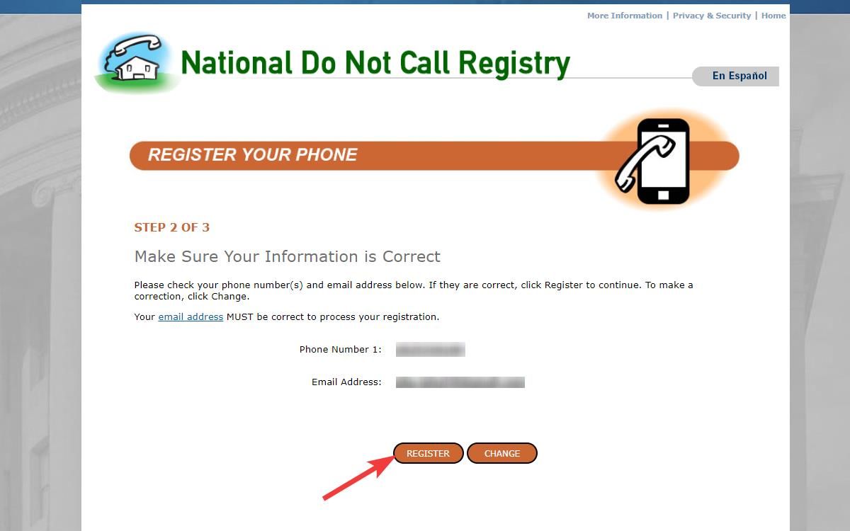 Confirmando o registro no National Do Not Call Registry