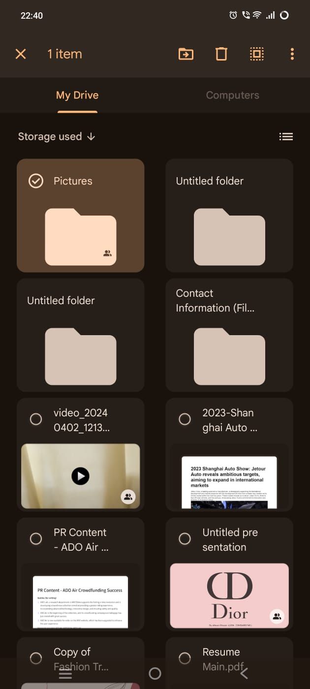 Captura de tela mostrando a opção de excluir arquivos no aplicativo Google Drive para dispositivos móveis