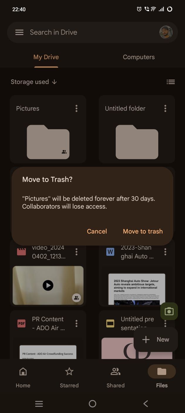 Captura de tela mostrando a opção de mover arquivos para a lixeira no Google Drive