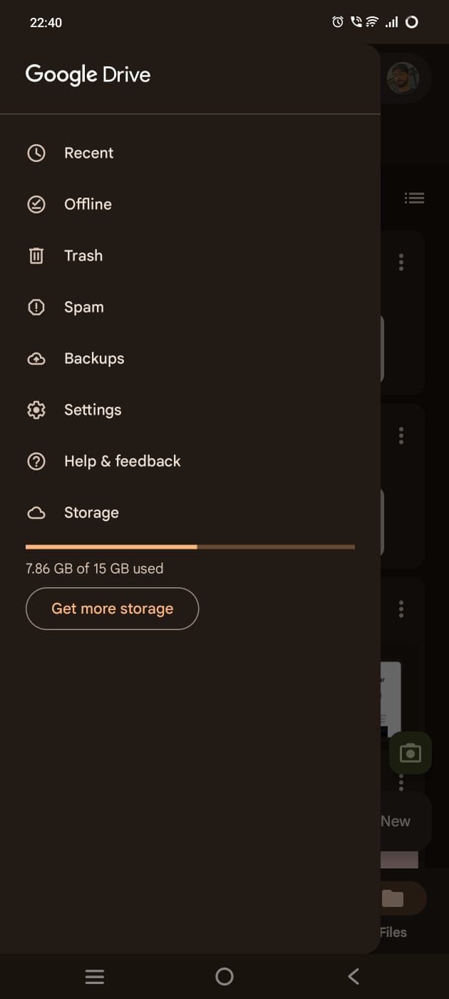Captura de tela mostrando o menu do Google Drive no aplicativo móvel
