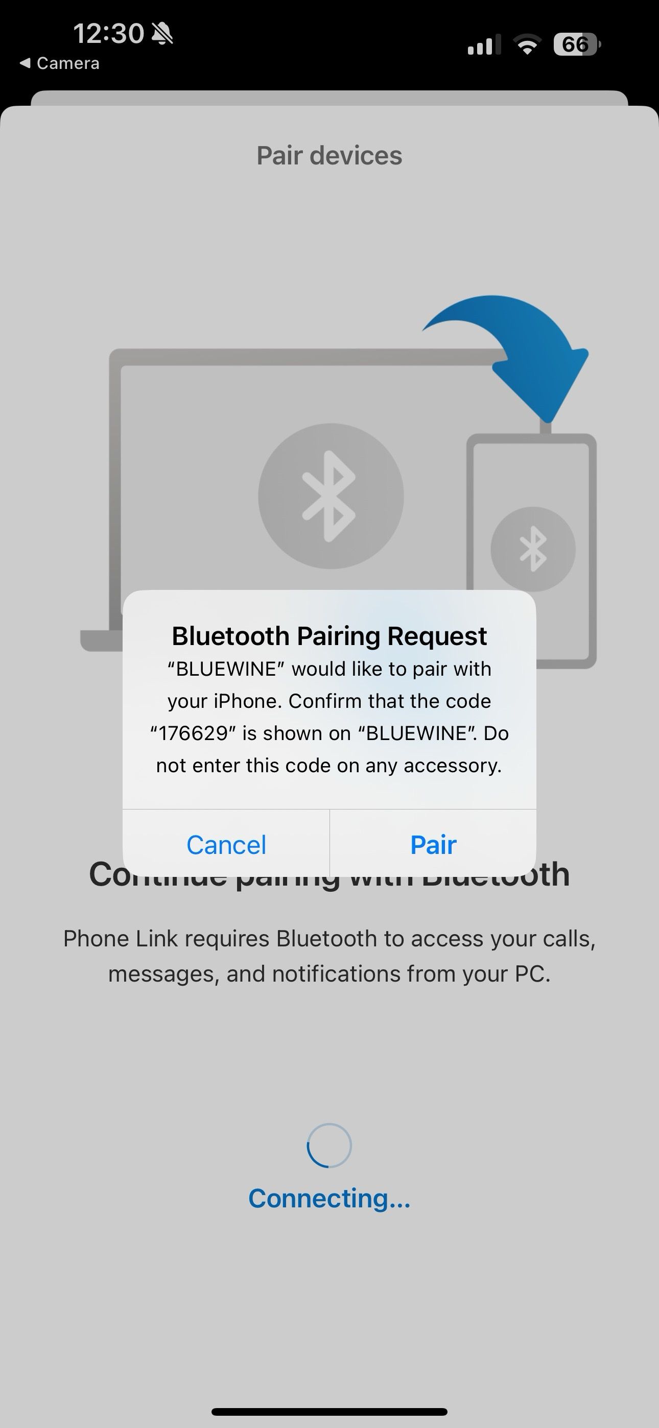Confirme o código de par Bluetooth no iPhone