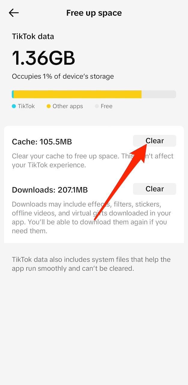 Limpando o cache do TikTok no menu de configurações do aplicativo móvel